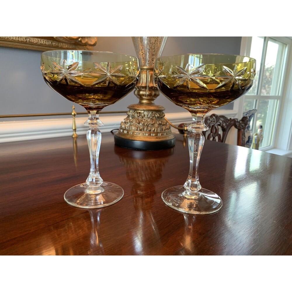 Vintage Amber Cut to Clear Champagne Coupes Tall Sherbet Set of 2 Bohemian